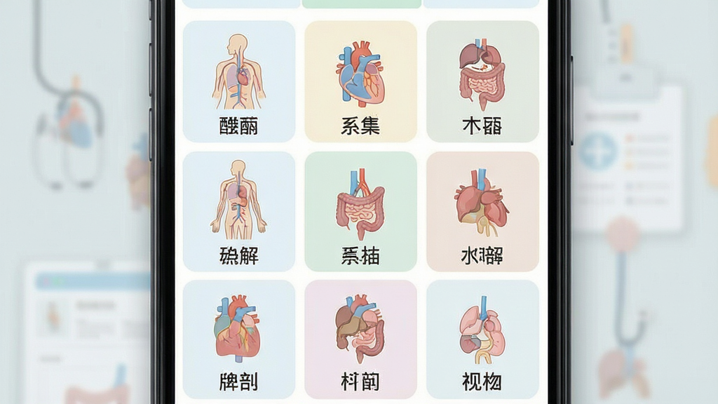 人体解剖学图集系统分类检索界面,画面展示手机屏幕内九宫格排列的人体系统图标,每个图标配有中文标签,布局规整,排版清晰,风格为扁平化医疗设计,细节包含图标内的器官简笔图形与柔和配色,画质干净,无多余元素
