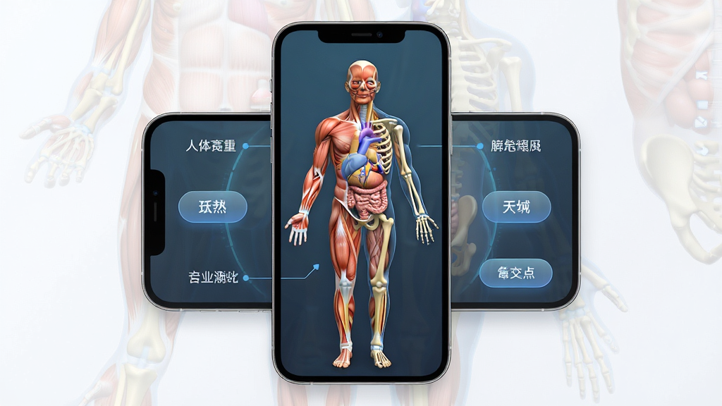 人体解剖学图集软件主界面展示,画面中央是一部智能手机,屏幕内呈现彩色三维人体模型,肌肉与骨骼分层显示,周围环绕解剖学标签与交互按钮,布局居中对称,排版清晰,风格为现代医疗科技风,细节包含高精度器官纹理与柔和光影,画质4K,干净无多余元素