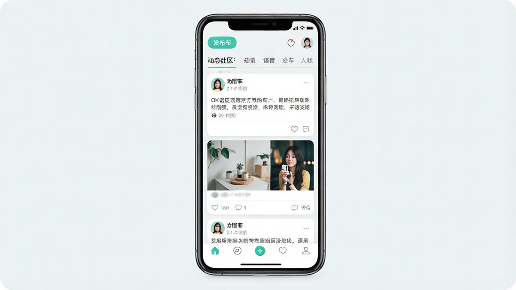 一张OK语音动态社区界面的手机截图风格图片,画面中央是一部竖屏智能手机,屏幕内显示OK语音的动态社区页面,顶部有发布按钮和分类标签,中间是用户发布的图文动态卡片,包含头像、昵称、文字内容和点赞评论图标,底部有导航栏,整体布局瀑布流式,排版错落有致,风格为清新浅色UI设计,细节包括动态配图、互动按钮、时间戳,画质高清,干净,无多余元素