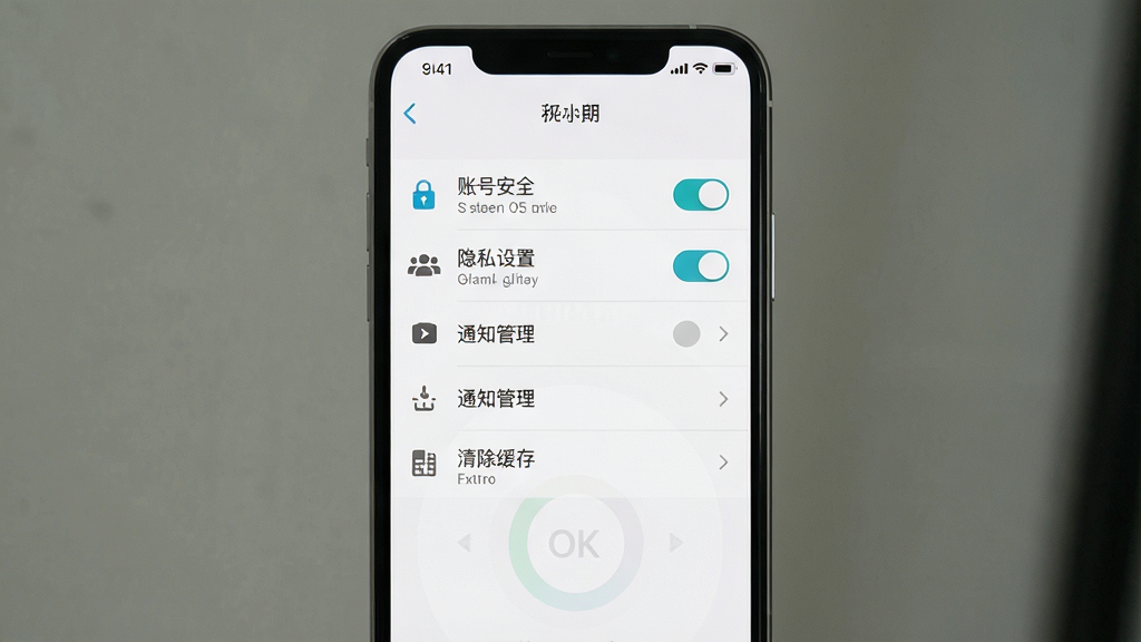一张展示OK语音设置界面的手机截图风格图片,画面中央是一部竖屏智能手机,屏幕内显示OK语音的设置页面,包含账号安全、隐私设置、通知管理、清除缓存等选项列表,顶部有返回按钮,整体布局为纵向列表,排版整齐,风格为极简白色UI设计,细节包括设置图标、开关按钮、箭头指示,画质高清,干净,无多余元素