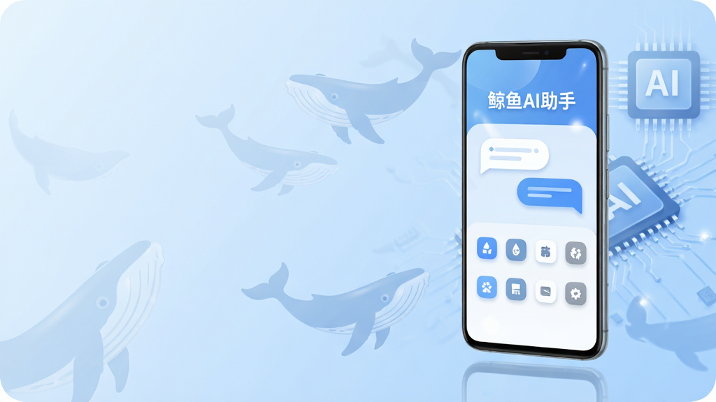 一张展示鲸鱼AI助手核心界面的概念图,主体为一部竖屏安卓手机,手机屏幕内显示“鲸鱼AI助手”文字与简洁的对话气泡和功能图标布局,手机悬浮在浅蓝色渐变背景中央,背景中散布半透明的鲸鱼剪影和AI芯片纹理,整体排版手机居右、左侧留白用于文字展示,风格为现代扁平科技风,细节包括圆角图标、柔和阴影、高光反射,画质为4K高清,干净清爽,无多余元素
