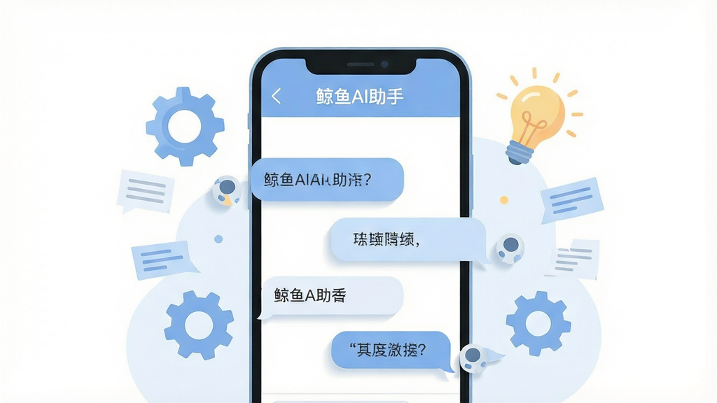 一张展示鲸鱼AI助手对话界面的示意图,画面中央是一部手机,屏幕内显示“鲸鱼AI助手”标题栏和左右分布的对话气泡,气泡中带有简短文字示例,手机周围漂浮着齿轮、灯泡、文字碎片等抽象元素,布局为居中对称、上下留白,风格为柔和的扁平插画风,细节包括圆角气泡、浅色投影、淡蓝与白色主色调,画质清晰,干净无杂乱元素