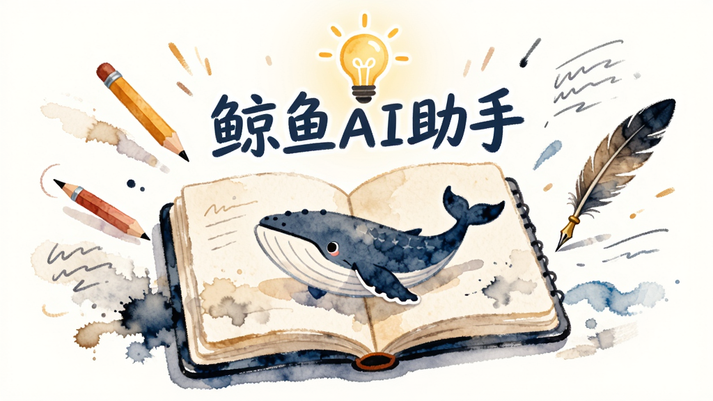 一张展示鲸鱼AI助手创作辅助功能的插画,画面中央是一本打开的笔记本,笔记本上方悬浮着“鲸鱼AI助手”字样和发光的灯泡图标,四周有铅笔、羽毛笔、文字线条飞舞,布局为居中放射状,风格为手绘水彩与数字结合,细节包括纸张纹理、墨水晕染、柔和光晕,画质细腻,干净温馨,无多余元素