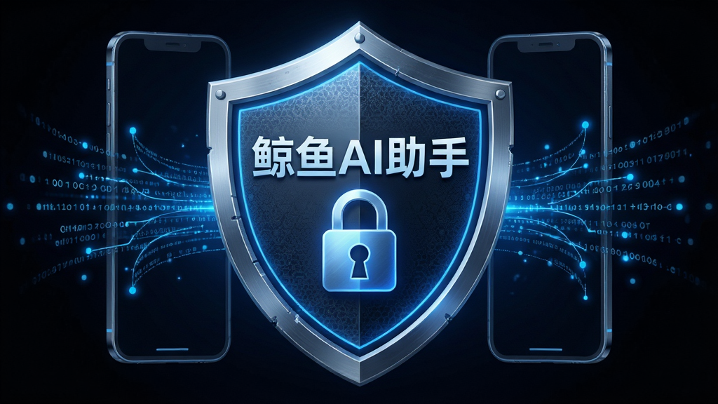 一张展示鲸鱼AI助手安全隐私概念的图片,画面主体是一个盾牌形状的图标,盾牌内部显示“鲸鱼AI助手”文字和锁形符号,盾牌周围环绕着数据流线和手机轮廓,布局为居中对称,风格为科技安全风,细节包括金属质感、蓝色光效、网格纹理,画质锐利,干净利落,无多余元素