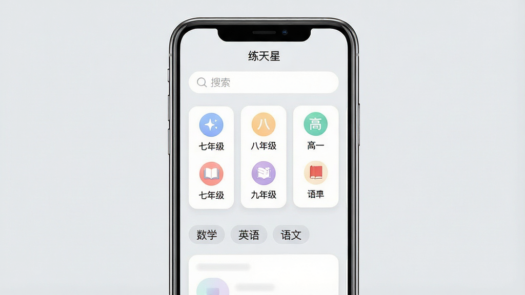 一张展示手机应用界面的图片,画面中手机屏幕显示“练天星”应用的首页,顶部有搜索框,下方是年级分类图标,包括七年级、八年级、九年级、高一等,再往下是学科标签如数学、英语、语文。界面采用卡片式布局,配色柔和,背景为浅灰色,文字清晰可读。图片整体风格简洁现代,画质干净,无多余装饰元素。