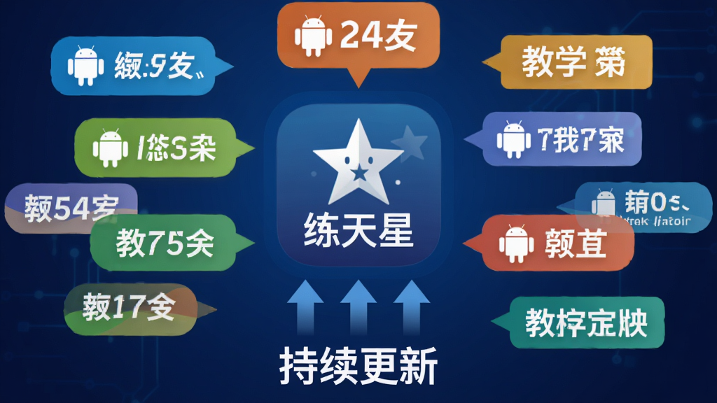 一张展示应用更新与兼容性的概念图,画面中央是“练天星”应用图标,周围环绕着多个安卓系统版本号标签和教材版本标签,图标下方有箭头指向“持续更新”字样。背景为深蓝色渐变,图标和标签采用扁平化设计,色彩鲜明。整体风格科技感十足,画质清晰,无多余元素。