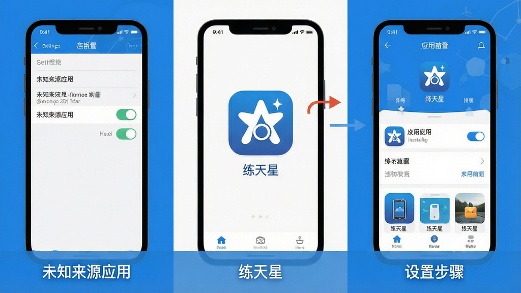 一幅展示手机应用安装与设置步骤的示意图,画面分为三个部分:左侧显示手机设置中的“未知来源应用”开关,中间显示“练天星”应用图标正在安装,右侧显示应用首页界面。每个部分下方有简短的文字标注。整体风格为扁平化UI示意图,色彩以蓝色和白色为主,画质清晰,无多余元素。