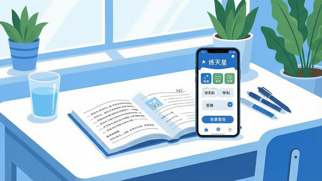 一幅展示学生学习场景的插画,画面中央是一张整洁的书桌,桌上放着一本翻开的练习册和一部智能手机,手机屏幕显示“练天星”应用界面,界面中有清晰的学科分类标签和答案查询入口。书桌旁放着一杯水和几支笔,背景是明亮的窗户和绿植。整体风格为清新扁平化插画,色彩以蓝色和白色为主调,细节包括书本上的文字线条、手机界面的图标排列,画质清晰干净,无多余元素。