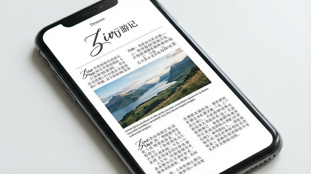 一张展示Zine精美图文笔记杂志级图文混排功能的图片,画面中手机屏幕上呈现一篇精美的旅行游记,标题使用艺术字体,正文分为两栏,中间穿插一张全幅风景照片,图片下方有图注文字,整体排版错落有致,风格为清新文艺的杂志风格,细节包括精致的字体、和谐的配色、留白处理,画质高清,干净无多余元素