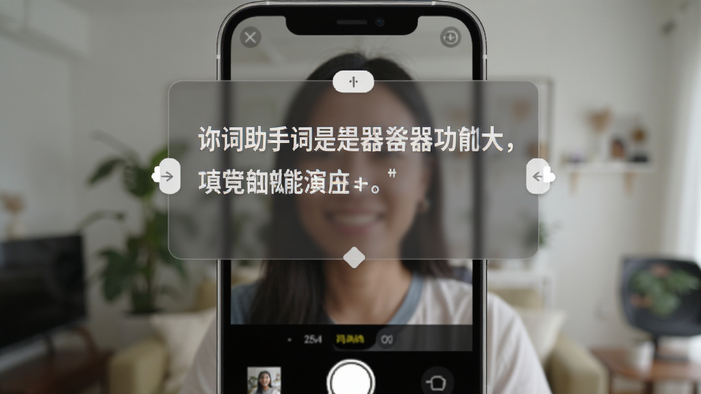 词助手提词器悬浮窗功能演示,手机屏幕上相机应用正在录制,屏幕上方悬浮着半透明的提词文字窗口,文字清晰可读,窗口边缘有拖拽手柄,背景是正在拍摄的人物场景,整体风格写实,画质清晰,布局合理,无多余元素