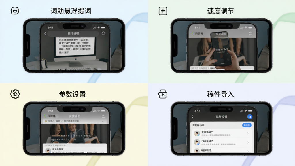 词助手提词器功能特色汇总图,画面分为四个区域分别展示悬浮提词、速度调节、参数设置、稿件导入功能,每个区域配有手机界面截图和简洁图标,整体采用清新浅色风格,排版整齐,画质高清,干净无多余元素