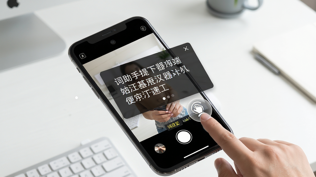 词助手提词器移动端操作示意图,手机屏幕展示悬浮提词窗口叠加在相机界面之上,旁边有手指点击调节速度的示意,背景为简洁桌面,风格清晰直观,画质高清,布局合理,无多余元素