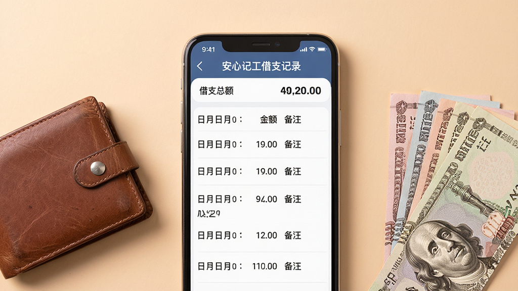 一张展示安心工地记工借支记录功能的图片,画面中央是手机屏幕,屏幕上显示借支明细列表,每条记录包含日期、金额和备注,顶部有借支总额汇总。手机旁边放着一个钱包和几张纸币,背景是柔和的米色,风格温馨简洁,排版整齐,画质清晰,无多余装饰。