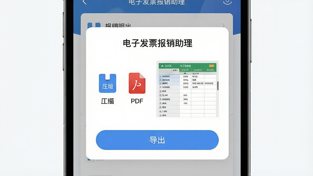 一张展示手机屏幕中一键导出报销包功能的界面图,画面主体为「电子发票报销助理」软件导出弹窗,布局采用居中卡片式设计,风格为简约现代UI,细节包含压缩包图标、PDF图标、报销明细表预览、导出按钮,画质高清,画面干净,无多余元素