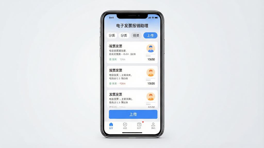 一张干净简洁的手机应用界面预览图,画面中心放置一部竖屏智能手机,屏幕中显示「电子发票报销助理」的软件主界面,界面包含发票列表、分类标签和上传按钮,背景为浅灰渐变,整体布局居中对称,风格为现代扁平化UI设计,细节包含发票卡片、蓝色主按钮、底部导航栏,画质高清,画面干净,无多余元素