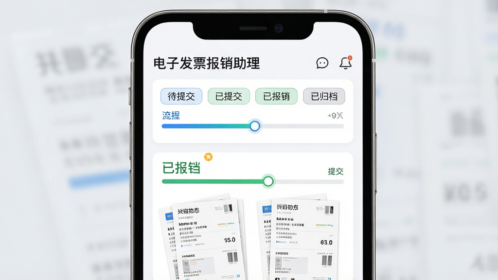 一张展示「电子发票报销助理」软件中发票状态流转看板的界面图,画面主体为手机屏幕,布局采用上下分层结构,风格为清爽商务风,细节包含待提交、已提交、已报销、已归档四个状态标签、进度条、发票缩略图,画质高清,画面干净,无多余元素