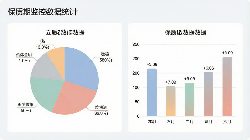 一张展示保质期监控数据统计页面的图片,页面中包含饼状图与柱状图,图表色彩柔和,数据标签清晰,背景为浅色,风格商务简约,细节精致,画质高清,干净无多余元素