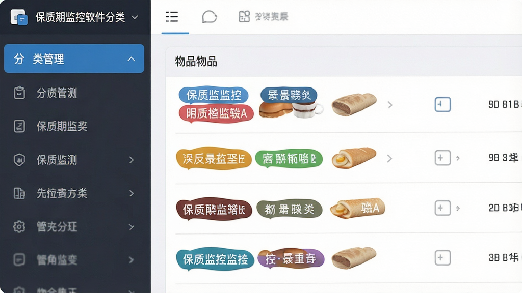 一张展示保质期监控软件分类管理界面的图片,界面左侧为分类标签,右侧为物品列表,列表项带有彩色标签,风格清新,布局合理,细节清晰,画质高清,干净无多余元素