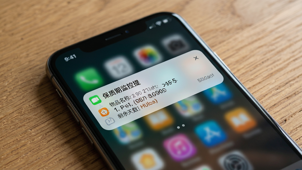 一张展示手机通知栏弹出保质期监控提醒的图片,通知内容清晰显示物品名称与剩余天数,手机背景为木质桌面,风格写实,细节丰富,画质清晰,干净无多余元素