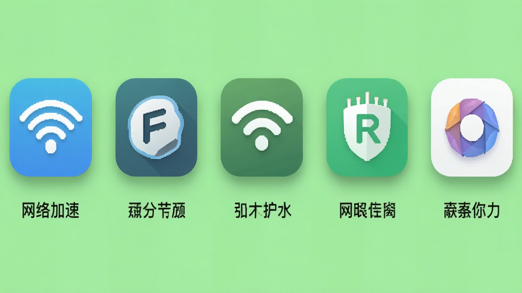 五款网络加速器应用图标横向排列在浅绿色背景上,每个图标下方标注软件名称,布局为等距排列,风格为清新扁平化设计,细节包含圆角图标与柔和投影,画质清晰干净无多余元素