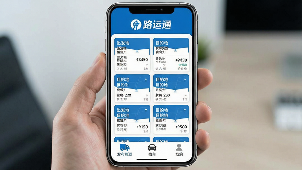一张手机屏幕展示路运通APP主界面,界面顶部显示“路运通”文字logo,中间是货源列表卡片,每张卡片包含出发地、目的地、货物类型和价格信息,底部有“发布货源”“找车”“我的”三个导航按钮,整体布局清晰,风格简洁商务,蓝白配色,画质干净清晰,无多余元素