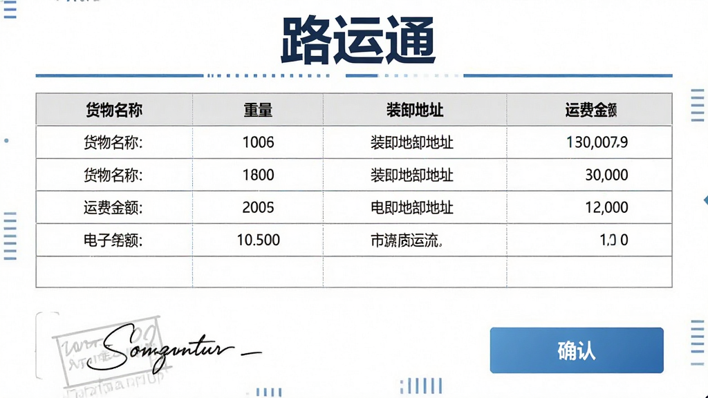 一张AI生成的电子运单文档界面图片,文档顶部有“路运通”文字标识,下方表格中清晰列出货物名称、重量、装卸地址、运费金额等字段,底部有电子签名区域和确认按钮,整体排版规整,风格商务正式,画质干净,无多余元素