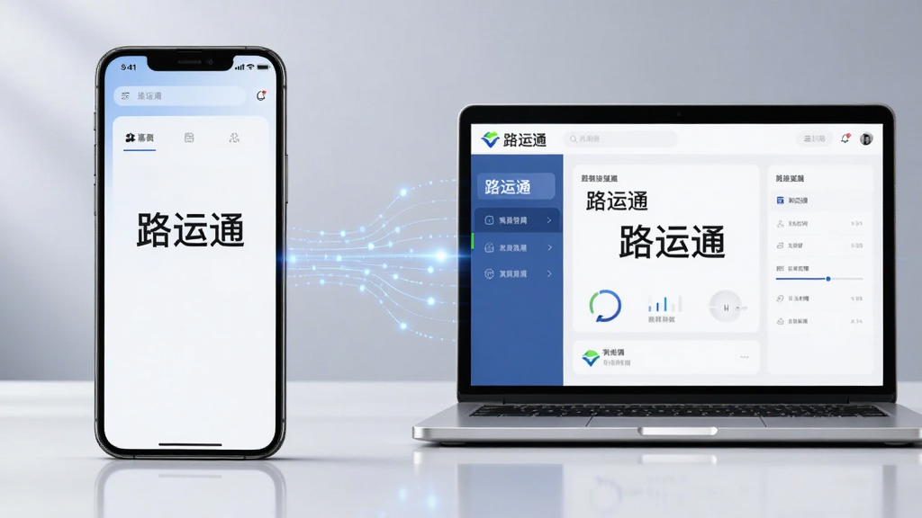 一张AI生成的场景图,画面左侧是一部手机,右侧是一台笔记本电脑,两块屏幕上都显示“路运通”的界面,中间有数据流线条连接表示同步,整体布局左右对称,风格现代简约,画质清晰,干净无多余元素