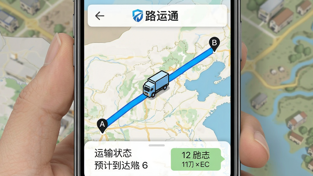 一张AI生成的手机地图界面截图风格图片,地图上有一条从A点到B点的蓝色高亮路线,路线上有一个卡车图标正在移动,地图上方显示“路运通”文字标识,下方有预计到达时间和运输状态标签,整体布局清晰,风格简洁实用,画质干净,无多余元素