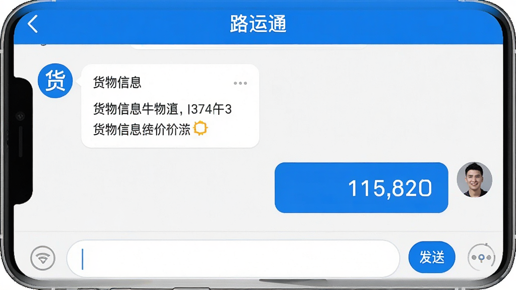 一张AI生成的手机聊天界面图片,聊天窗口顶部显示“路运通”名称,对话气泡中左侧显示货主发送的货物信息卡片,右侧显示司机回复的报价数字,底部有输入框和发送按钮,界面干净整洁,蓝白配色,画质清晰,无多余元素