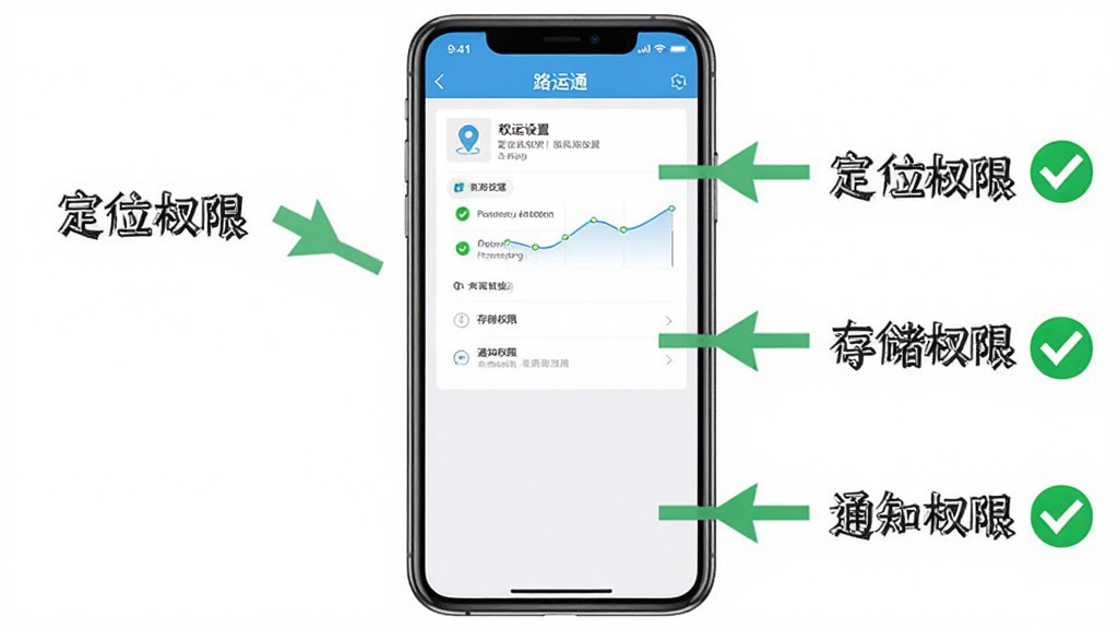 一张AI生成的手机操作指引图,画面中一部手机屏幕显示路运通APP的权限设置页面,周围有箭头标注“定位权限”“存储权限”“通知权限”三个选项,每个选项旁有绿色对勾标记,整体布局清晰,风格简洁教学风,画质干净,无多余元素