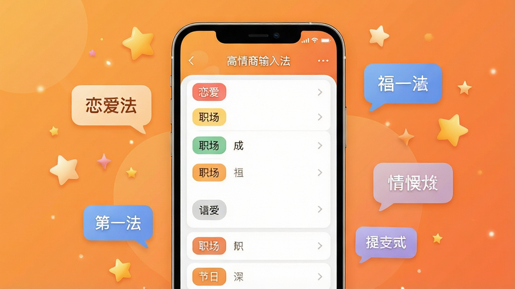 一张展示高情商输入法话术模板库的界面图,画面中手机屏幕显示分类清晰的话术列表,包括恋爱、职场、节日等标签,手机周围散落着对话气泡和星星装饰,背景为暖橙色渐变,风格温馨明快,布局整齐有序,细节精致,画质清晰,干净无多余元素,图中包含文字