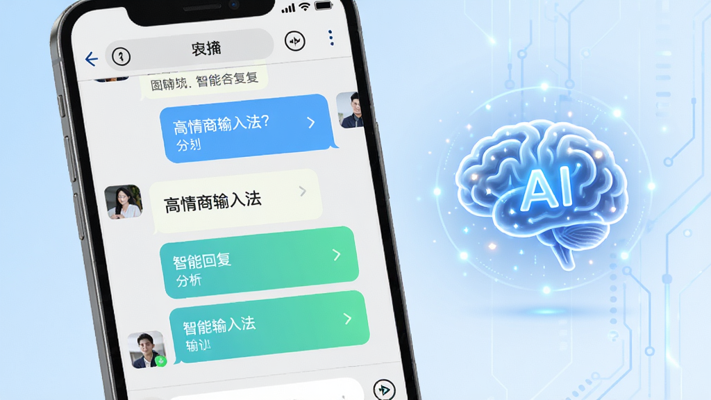 一张展示高情商输入法智能推荐功能的界面截图,画面主体为手机屏幕,屏幕上显示聊天对话和三条智能回复候选,手机旁边有一个发光的AI大脑图标,表示智能分析,背景为淡蓝色渐变,整体风格科技感与清新感结合,布局简洁,细节丰富,画质高清,干净无多余元素,图中包含文字