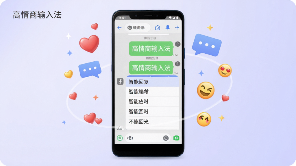 一张展示高情商输入法手机端聊天界面的预览图,画面中央是一部安卓手机,手机屏幕上显示着聊天对话框和智能回复候选词列表,手机周围环绕着爱心、对话气泡、表情符号等装饰元素,背景为柔和的浅紫色渐变,整体风格清新简洁,布局居中对称,细节精致,画质清晰,干净无多余元素,图中包含文字