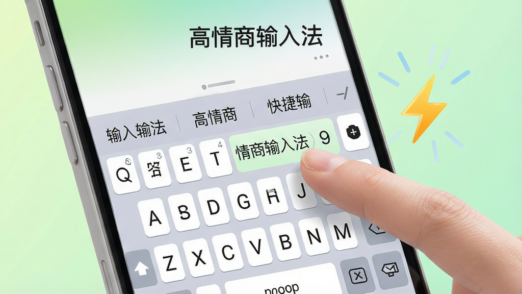 一张展示高情商输入法快捷输入功能的手机界面图,画面中手机屏幕显示键盘和联想候选词栏,手指正在点击候选词,手机旁边有闪电图标表示快捷,背景为浅绿色渐变,风格清爽简约,布局居中,细节清晰,画质高清,干净无多余元素,图中包含文字