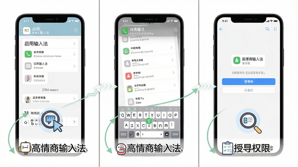 一张展示高情商输入法新手设置步骤的示意图,画面分为三个小格,分别显示手机设置中启用输入法、切换默认键盘、授予权限的界面,每格配有简洁的图标说明,背景为白色,风格扁平化,布局清晰,细节明了,画质高清,干净无多余元素,图中包含文字
