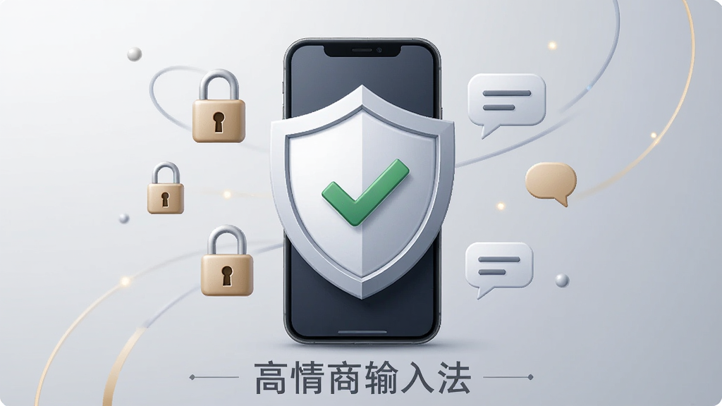 一张展示高情商输入法安全隐私保护概念的插图,画面中央是一个盾牌图标与手机结合的形象,盾牌上有对勾标记,周围环绕着锁、对话气泡等元素,背景为浅灰色渐变,风格稳重简洁,布局对称,细节精致,画质清晰,干净无多余元素,图中包含文字