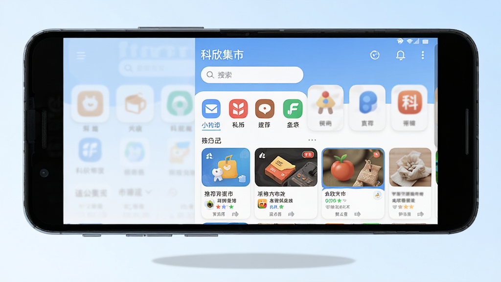 一款名为“科欣集市”的安卓手机应用主界面展示图,主体为居中放置的智能手机,手机屏幕显示应用市场首页,包含搜索框、应用分类图标和推荐应用卡片,布局采用上下结构,手机下方有浅色阴影,背景为干净的浅蓝色渐变,风格简洁现代扁平化,细节包括图标圆角、文字清晰,画质高清,干净,无多余元素