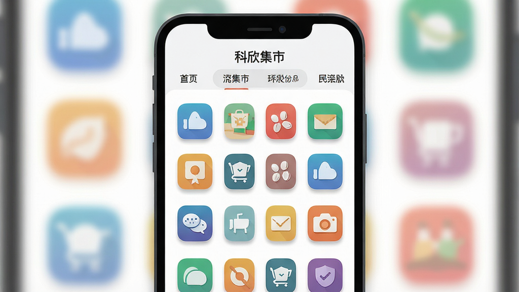 一张展示“科欣集市”应用分类页面的手机截图风格插画,主体为手机屏幕内呈现整齐排列的彩色应用图标网格,布局采用居中构图,屏幕上方有分类标签栏,风格为扁平化UI设计,细节包括图标投影和柔和背景,画质清晰,干净,无多余元素