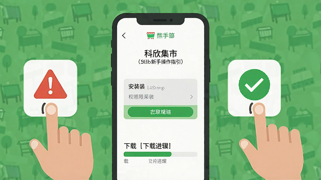 一张表现“科欣集市”新手操作指引的插画,主体为手机屏幕显示安装权限设置界面和下载进度,布局为手机居中、旁边有手指点击图标,风格为简洁教程风扁平插画,细节包括红色警示标志和绿色对勾,画质清晰,干净,无多余元素