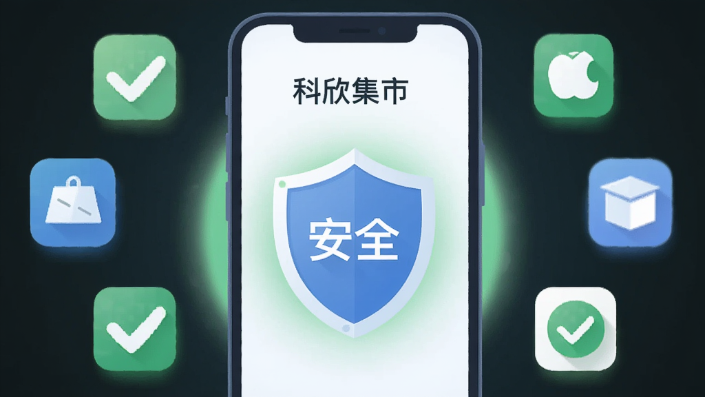 以“科欣集市”安全检测为主题的生图,主体为手机屏幕显示盾牌图标和“安全”字样,布局为盾牌居中、周围环绕应用图标,风格为简洁安全主题扁平插画,细节包括绿色对勾和柔和光晕,画质清晰,干净,无多余元素