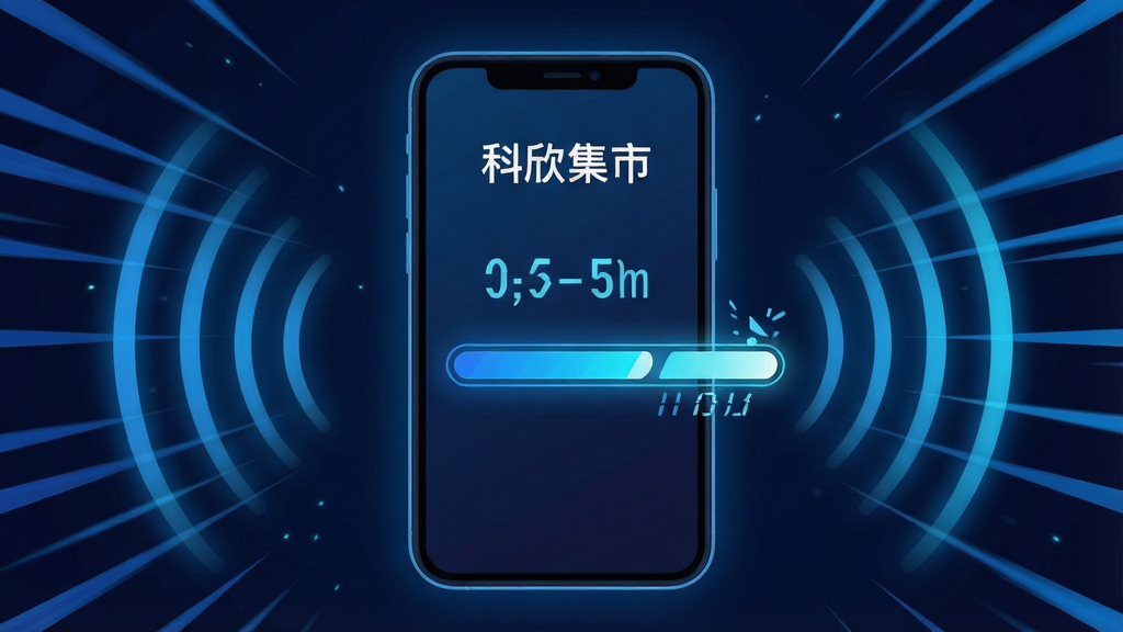 一张表现“科欣集市”下载速度快的概念图,主体为手机屏幕显示下载进度条快速前进,布局为手机居中、周围有速度线条和信号波纹,风格为科技感扁平插画,细节包括蓝色光效和清晰数字,画质高清,干净,无多余元素