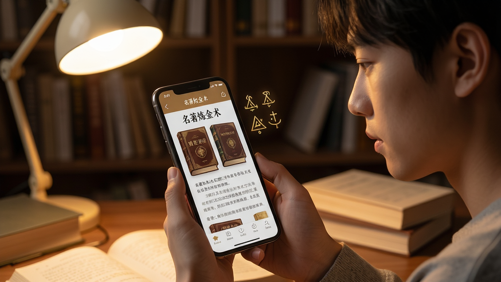 一位年轻读者手持手机,手机屏幕上显示着