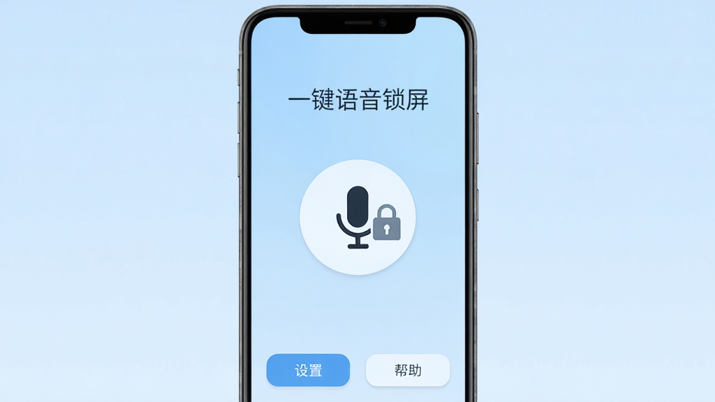 一部安卓手机展示“一键语音锁屏”软件主界面,界面干净无广告,中央有醒目的语音麦克风图标和锁形图标,底部有设置和帮助按钮,画面中带有“一键语音锁屏”文字,背景为柔和的浅蓝色渐变,布局对称,风格极简清新,细节清晰,画质高清干净,无多余元素