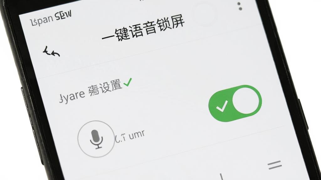一部安卓手机展示“一键语音锁屏”的权限设置界面,画面中有麦克风权限和悬浮窗权限的开关按钮,旁边有绿色对勾标识,画面中带有“一键语音锁屏”文字,背景为简洁的白色界面,布局清晰,风格实用,细节明确,画质高清干净,无多余元素