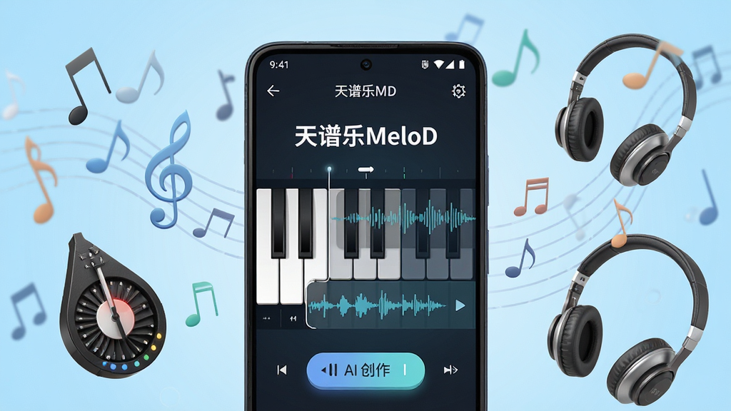 画面中央放置一部安卓手机,手机屏幕上显示“天谱乐MeloD”软件主界面,界面中包含钢琴键、波形轨道与AI创作按钮,手机周围环绕音符、节拍器、耳机等音乐元素,背景为浅蓝色渐变,整体布局采用居中对称排版,风格清新现代,细节上突出屏幕内的功能图标与文字标识,画质高清,干净,无多余元素
