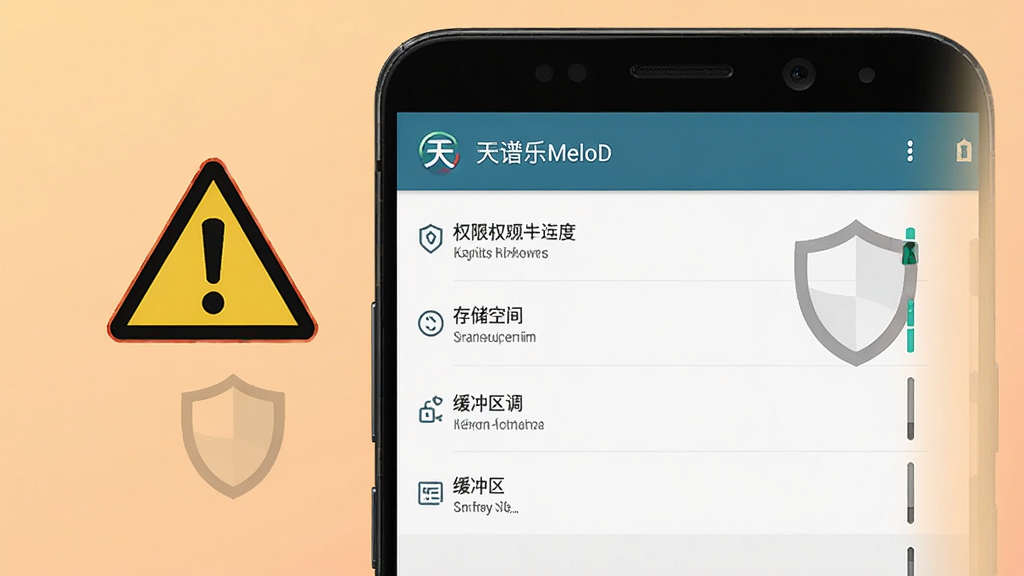 画面展示一部安卓手机屏幕,屏幕中显示“天谱乐MeloD”的设置界面,包含权限管理、存储空间、缓冲区调节等选项,手机旁边放置一个警告图标和盾牌图标,背景为浅橙色渐变,布局采用上下结构排版,风格简洁明了,细节上突出设置选项与安全提示元素,画质高清,干净,无多余元素