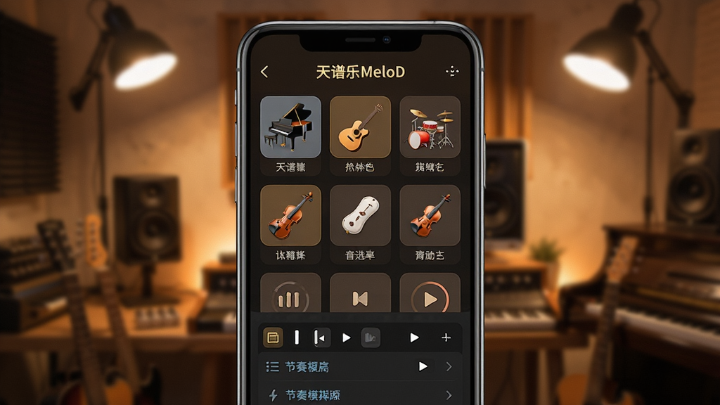 画面以手机屏幕为中心,屏幕内展示“天谱乐MeloD”的音色选择界面,多个乐器图标呈网格状排列,包括钢琴、吉他、鼓、小提琴等,屏幕下方有节奏模板列表,背景为暖色调工作室环境,布局采用上下结构排版,风格温暖亲切,细节上突出乐器图标与音色名称,画质高清,干净,无多余元素