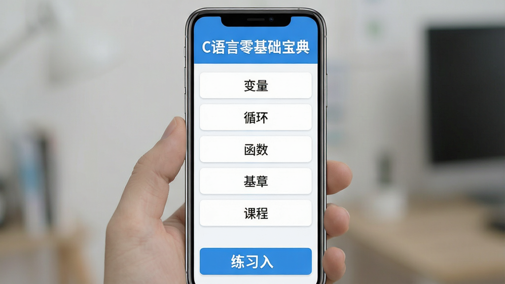 C语言零基础宝典软件主界面展示,手机屏幕竖版布局,顶部显示软件名称