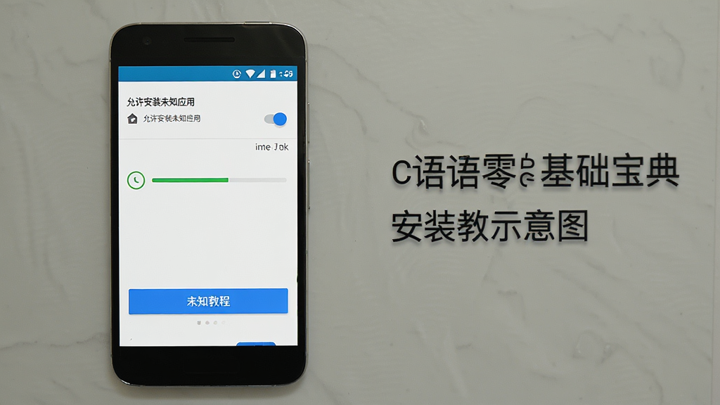 C语言零基础宝典安装教程示意图,手机屏幕竖版布局,屏幕显示安卓系统安装界面,顶部有