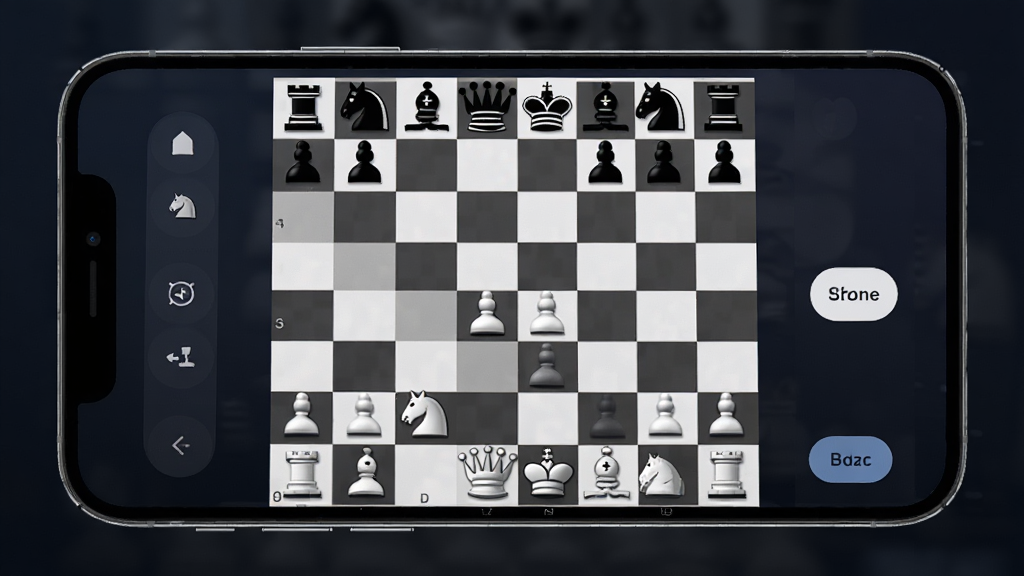 国象联盟国际象棋对弈平台主界面展示,主体为一部智能手机屏幕显示国际象棋棋盘与棋子布局,布局为居中横向构图,排版为软件界面截图风格,风格为现代简约科技感,细节包含棋盘格纹清晰、棋子立体感强、界面按钮分布合理、背景为深色渐变,画质高清干净无多余元素